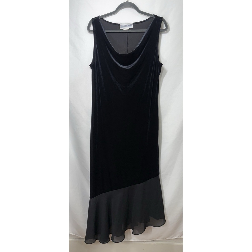 VTG Jessica Howard Black Velvet Dress‎ Womens 16 Sleeveless Chiffon Hem Cocktail